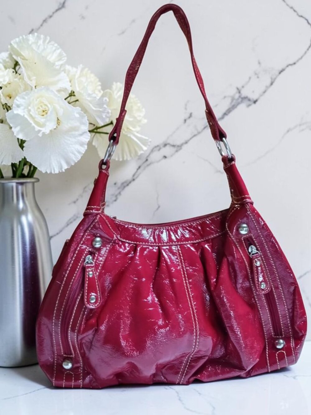 Diverso Italy Y2K Red Patent Faux Leather Slouchy Hobo Shoulder Bag